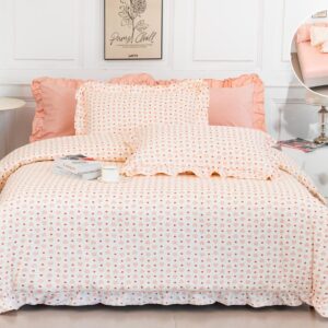 Lenjerie de pat din satin gros, 6 piese, alb-piersica deschis