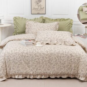 Set Lenjerie cu Volănaș – Model Floral Bej – Pat Dublu, 6 piese