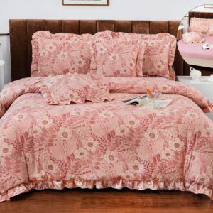 Set Lenjerie de Pat 6 Piese cu Volănaș – Finet Gros, Model Floral Roz Pudrat